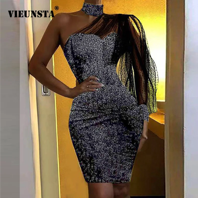 

Women Sequin Dress Elegant Off Shoulder Puff Sleeve Mesh Party Dress 2020 Spring Halter Glitter Shiny Bodycon Mini Dress Vestido