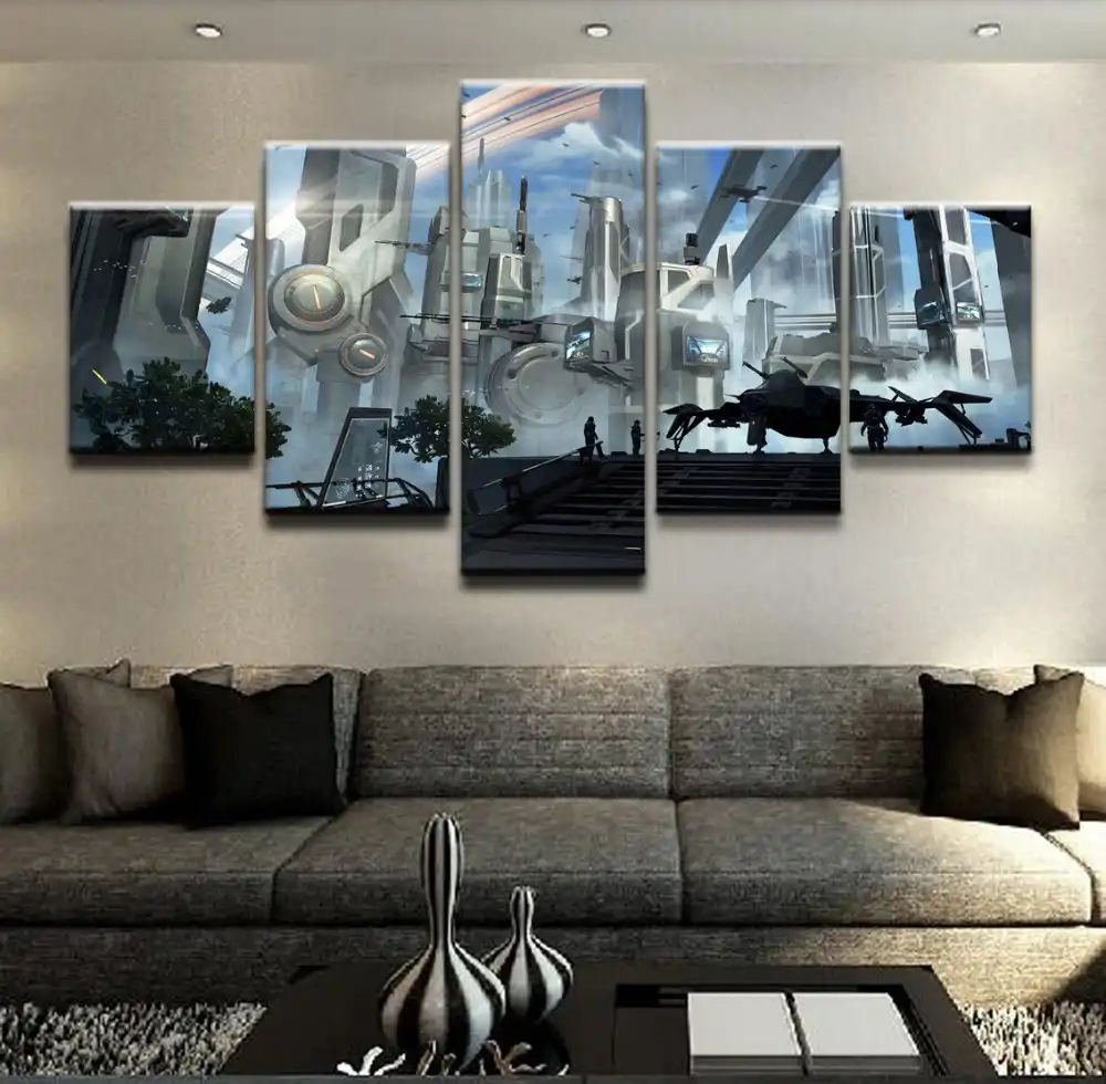 Canvas Oil Painting Modern Picture Print Wall Art 5 Pieces Home Decor Building City Futuristic Star Citizen Poster Decor Frame Aliexpress