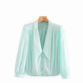 

Chic ZA Crop Blouse Women Summer 2020 Puff Long Sleeve Lapel Tops Female Casual Loose Solid Short Shirt Elastic Trim Blusas