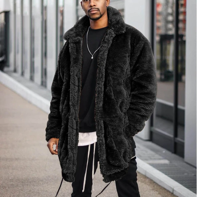 Mens Black Faux Fur Jacket, Mens Faux Fur Coat, Black Faux Fur Coat