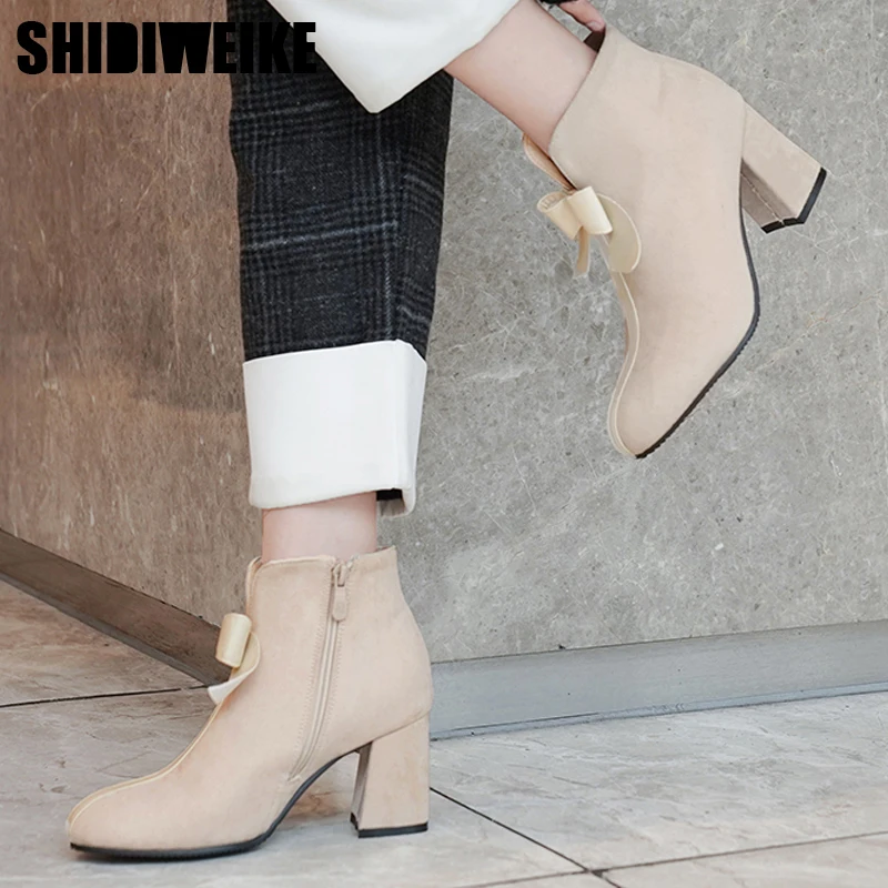 

Round Toe Ankle Boots Women Fashion Bow Mixed Colors Square heel Winter Shoes Woman Mink Boots 2019 x217