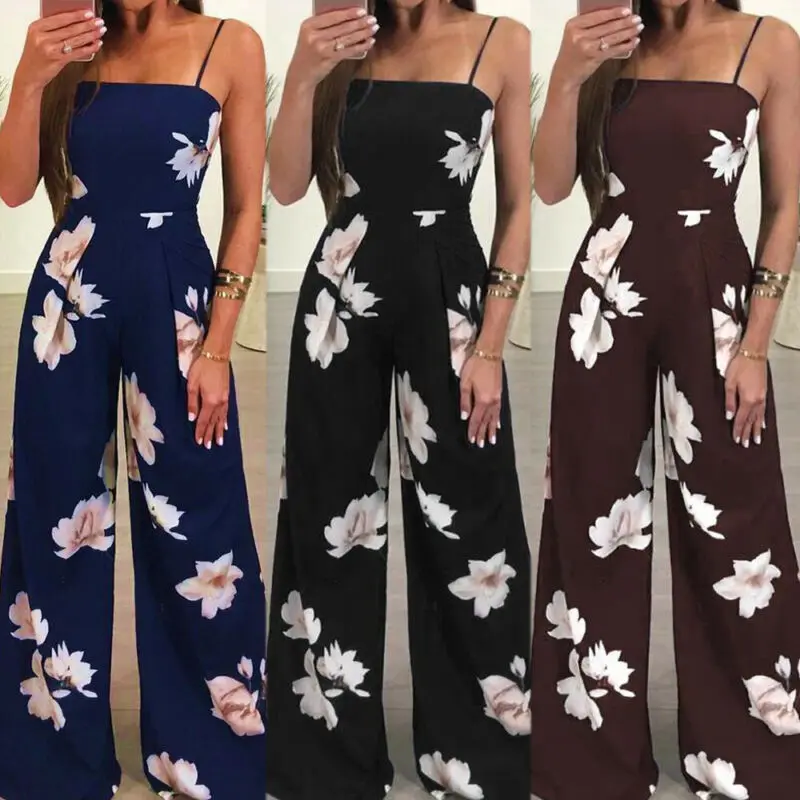 New Fashion Women Summer Playsuit Romper Jumpsuit Ladies Sleeveless Spaghetti Strap Floral Printed High Waist Casual Trousers