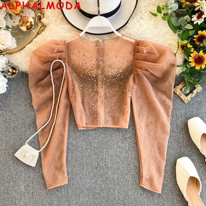 

ALPHALMODA 2020 Spring Crystal Chic Perspective Crop Blouse Outfit Slim Back Zipper Ladies Trendy Sparkling Short Jacket Top
