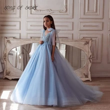 

Elegant Sky Blue Wedding Flower Girl Dresses V-neck Applique Sequins Bow Children Formal Party Ball Gown платье для девочки