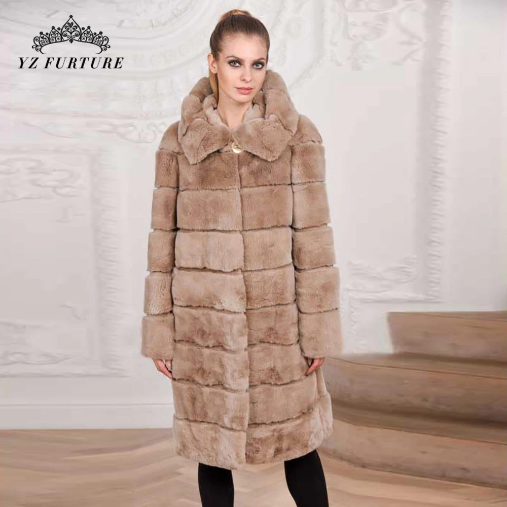 

110cm Natural Women Fur Coat Real Rex Rabbit Fur Jacket With Collar Genuine Leather Pelt Rabbit Fur Coat For Girls Jackets