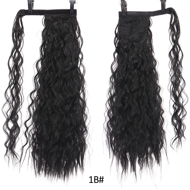 DIANQI Synthetic Corn Wavy Long Curly Ponytail Hairpiece Wrap on Clip Hair Extensions Black Pony Hair 1B