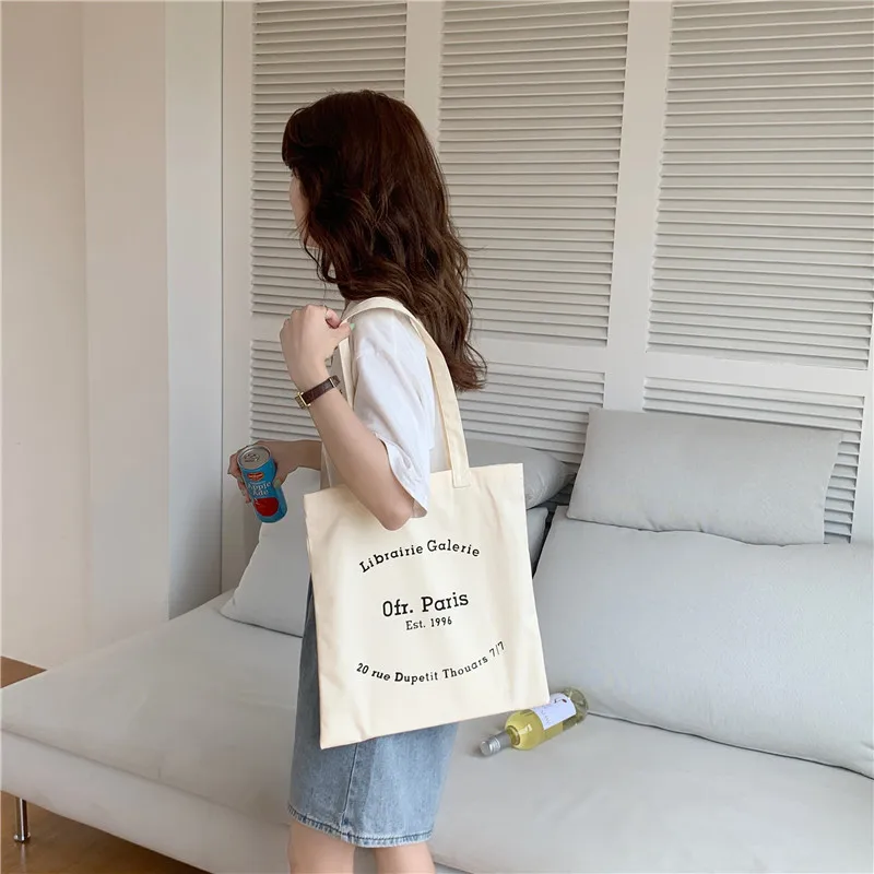 Women Canvas Shoulder Bag Paris Letters Print Shopping Bag Eco Cotton Linen Shopper Bags Cloth Fabric Handbag Tote For Girls