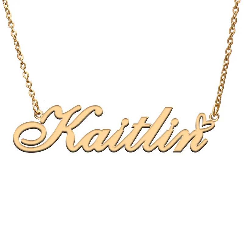 

Kaitlin with Love Heart Name Necklace for Women Stainless Steel Jewelry Nameplate Pendant Femme Mother Child Girls Gift