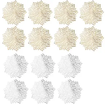 

14PCS PVC Placemat for Dining Table Hollow Pad Coaster Pads Table Bowl Mats Silver & Gold