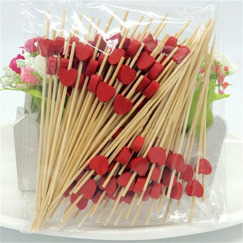 100pcs12cm сердце бамбуковые пищевые палочки буфет фрукт для кекса вилка вечерние торт десерт салат растительные палочки коктейль зубочистка шампур