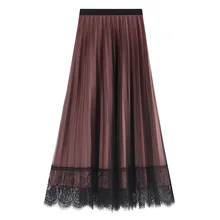 Зимняя Гибкая эластичная юбка миди с высокой талией, плиссированная трапециевидная кружевная юбка для женщин, черные, зеленые, бежевые юбки для женщин, saias