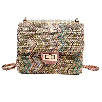 

Women Crossbody Beach Straw Wave Fashion Messenger Bags Wild Pearl Chain Shoulder Bag Hand Weave Small Square Handbag Lady Purse