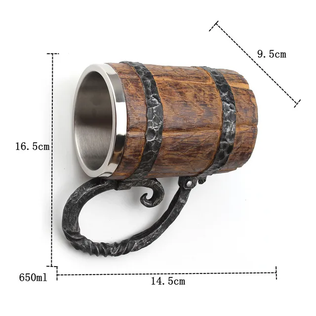 Wooden Barrel Stainless Steel Beer Mug 650ml 2