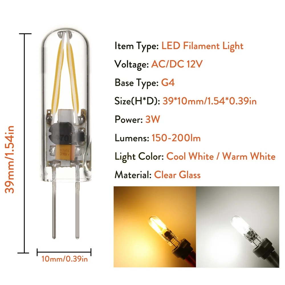 미니 G4 COB LED 필라멘트 전구 3W 12V 교체 15W 할로겐 유리 램프 차가운 따뜻한 흰색 LED 할로겐 펜던트 램프 YZ 교체