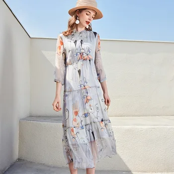 

Yarn Elegant Long Beach Dress New 2020 Summer Boutique Printed Mulberry Silk Dress Women Natural Silk Wear