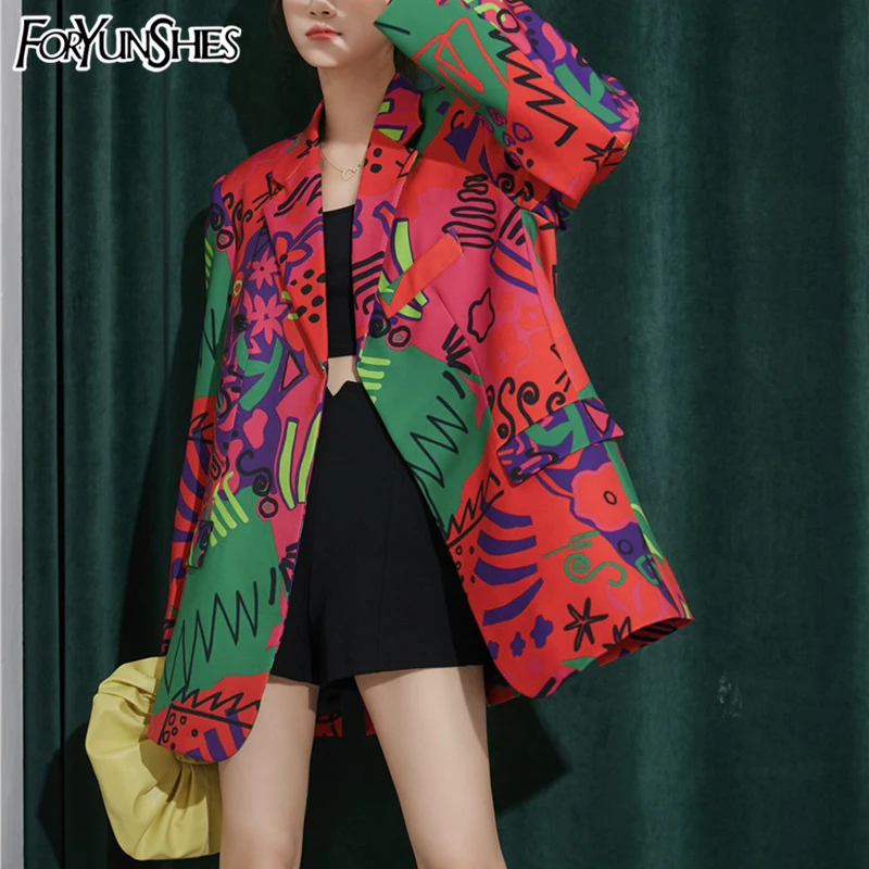 

FORYUNSHES Women Graffiti Printed Blazer Suits Female Long Sleeve Casual Loose Red Outercoat 2020 Korean Style Autumn New