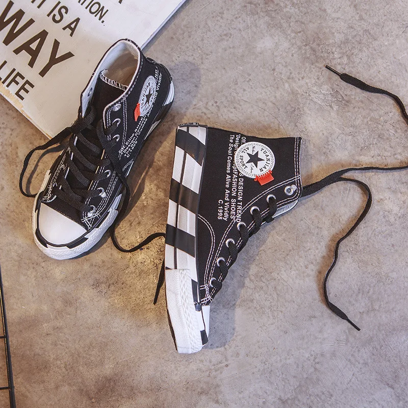 

New Style Hight-top Canvas Shoes Women's 2019 Students INS Versatile Breathable Sneakers Korean-style Harajuku Black And White C