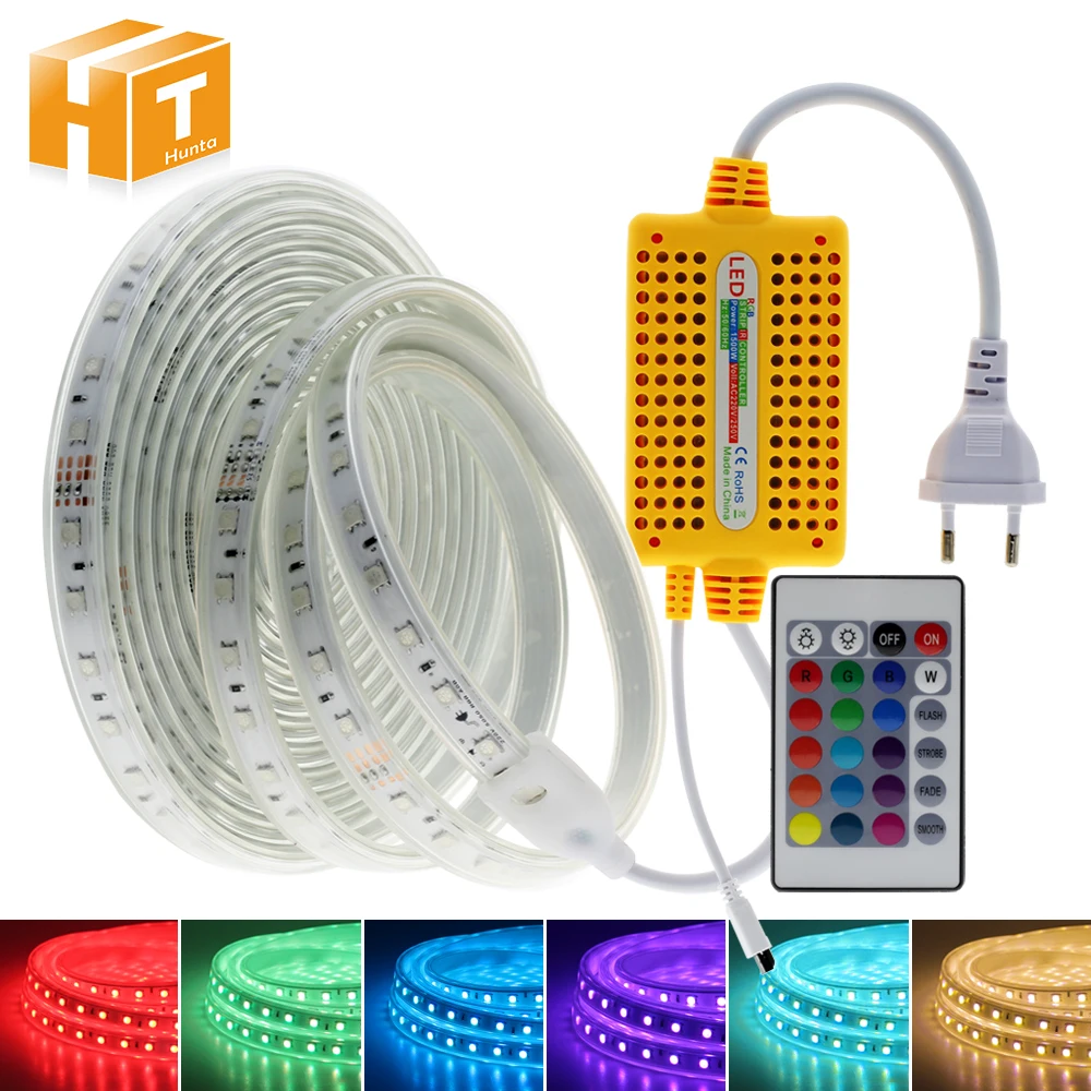 220V RGB светодиодные ленты SMD 5050 водонепроницаемый лента Гибкая светодиодная + 24key
