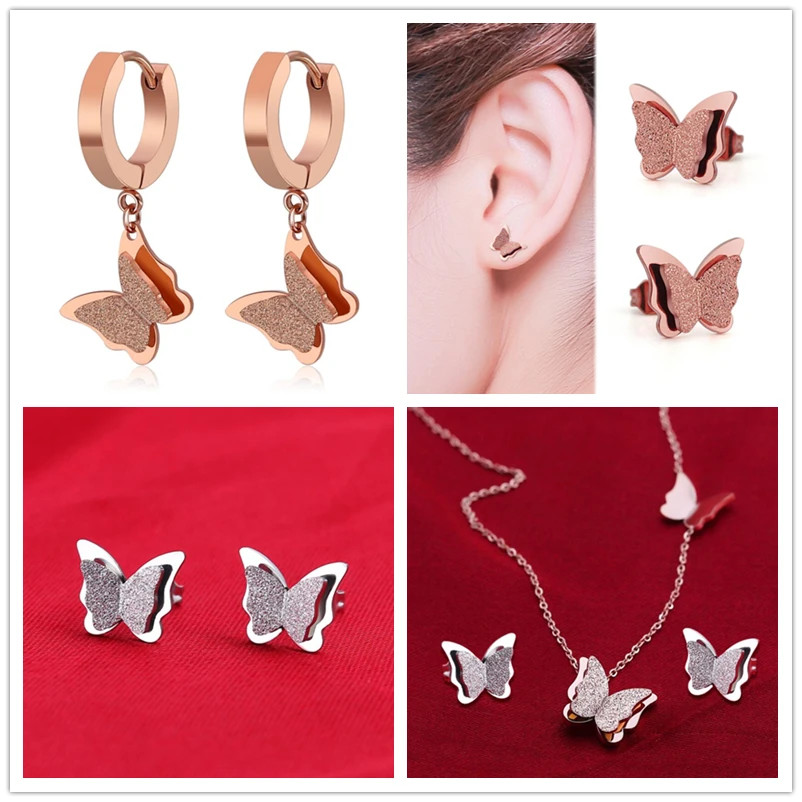 Oly2u из нержавеющей стали Серебряные Матовые сережки круг Двойные серьги бабочки для женщин свидания Farfalla ювелирные изделия