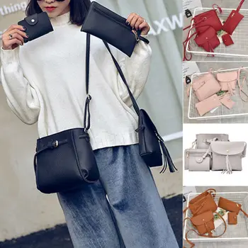 

4PCS/Set Women Lady Leather Waterproof Shoulder Bag Handbag Satchel Clutch Coin Purse Lot Fashion Casual Solid Multifuncion Bags