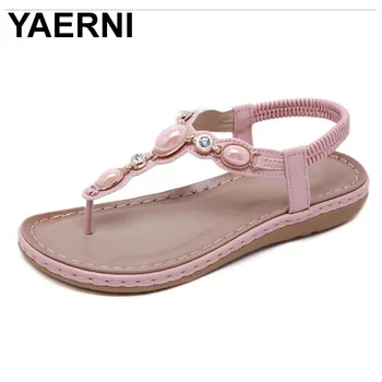 YAERNI SIKETU-Sandalias planas de verano para mujer, zapatos de moda, cuentas de cristal bohemio, gladiador Retro Romano