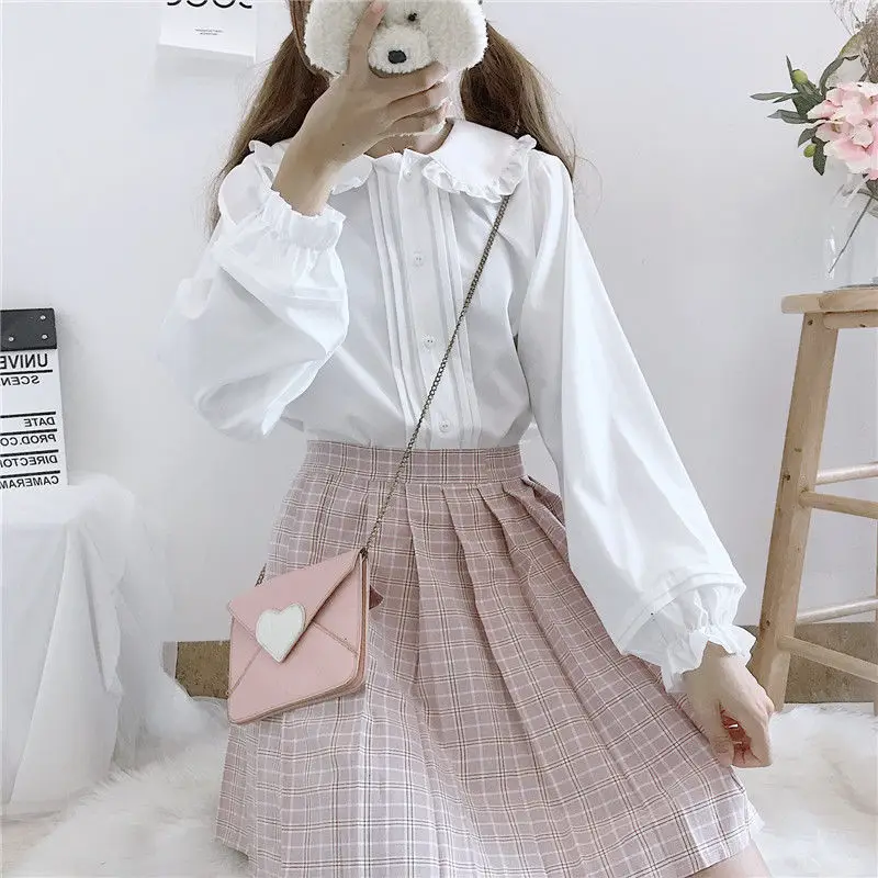 Fashion Peter Pan Collar Lolita Blouse Kawaii Long Sleeve White Shirt Lantern Sleeve Top Teen Preppy Style School Girl Party