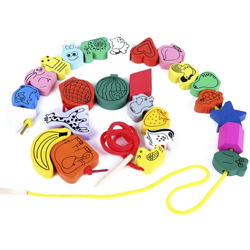 24/60 шт деревянные животные фрукты блок нанизывая бисерные игрушки познавательное Образование игрушка творческий ручной работы бусины игрушки для детей - Цвет: 60 beads TJ163