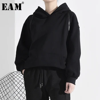 

[EAM] Loose Fit Black Zipper Off Shoulder Sweatshirt New Hooded Long Sleeve Women Big Size Fashion Tide Spring 2020 A276