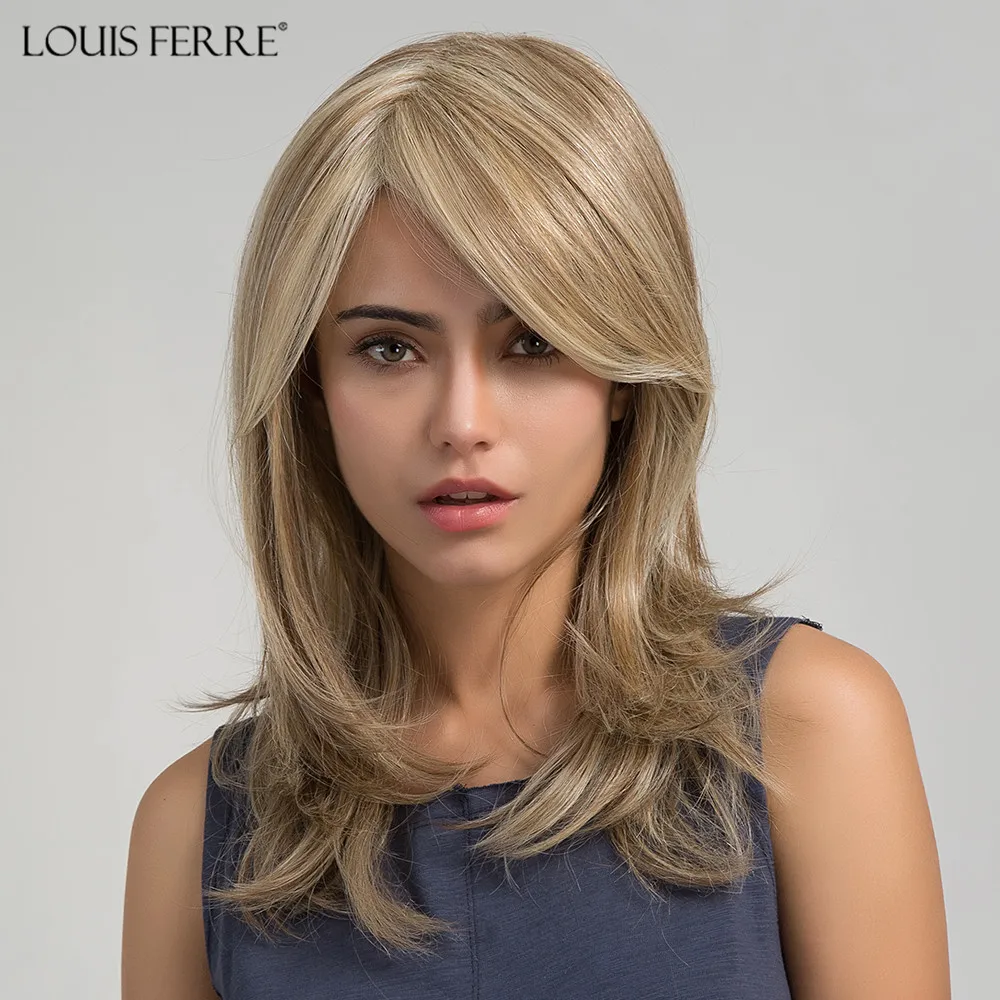 

LOUIS FERRE Women Blonde Medium Length Cascaded Layers Synthetic Hair Full Wig Straight Wigs with Side Part Heat Resistant