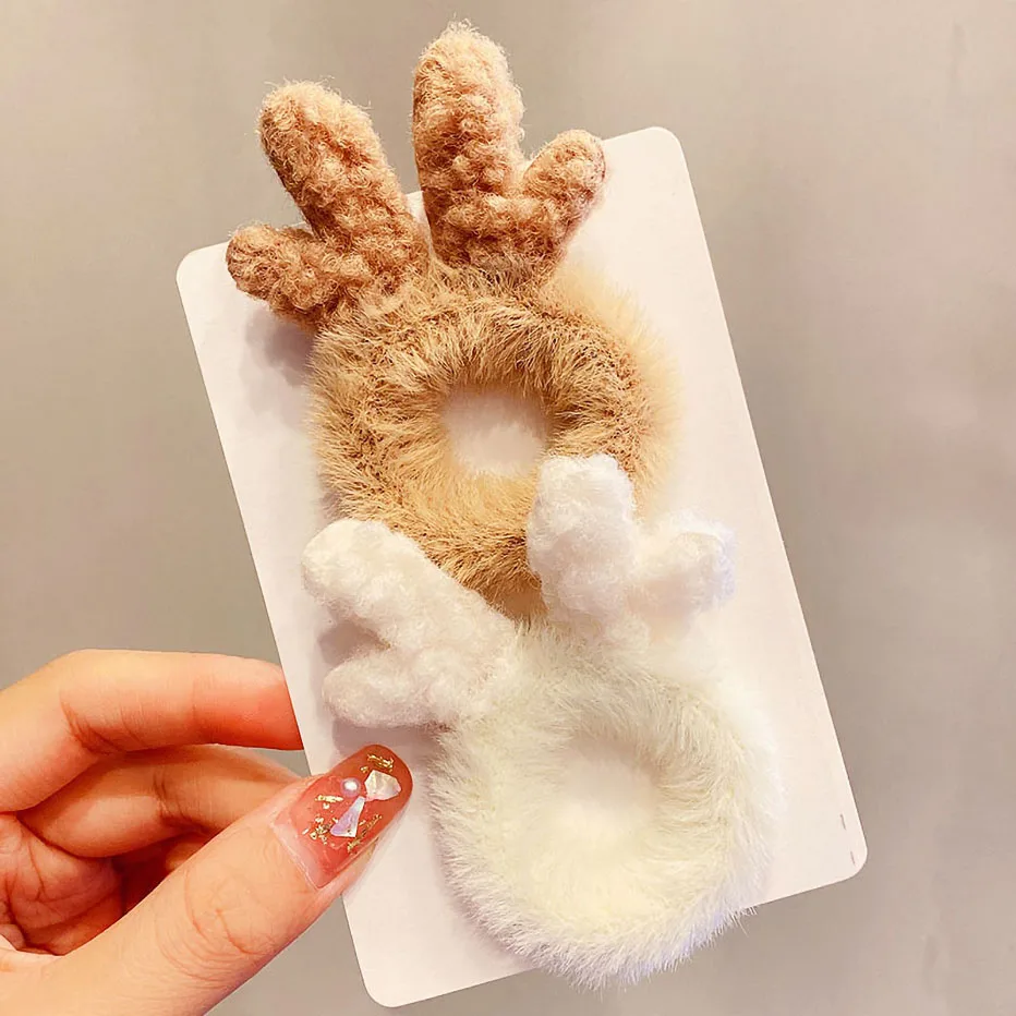 2Pcs Cute Antlers Cat Ears Plush Elastic Hairbands Women Girls Winter Sweet Hair Decorate Scrunchie Hair Tie Hair Accessories gold hair clips Hair Accessories