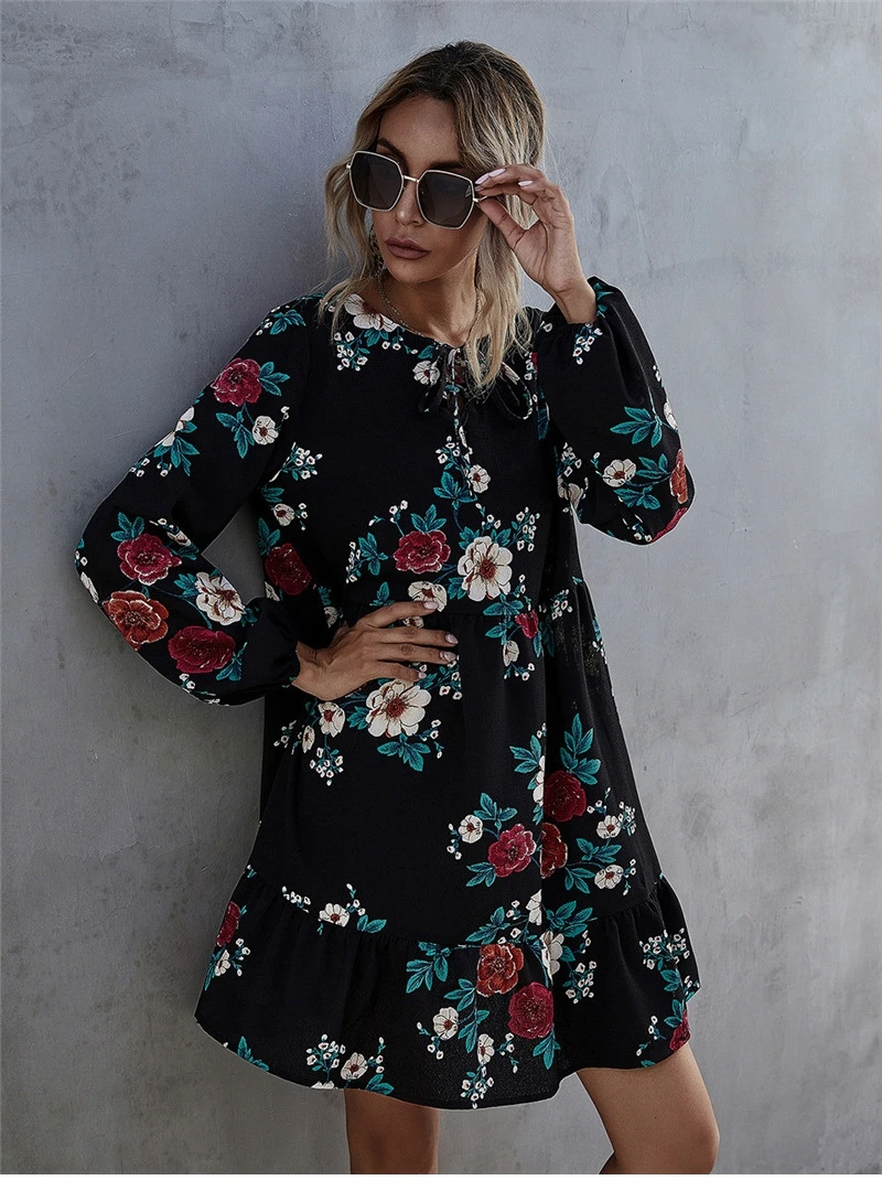 New Autumn Winter Ruffles Women O-neck Full Sleeve High Waist Floral Dress