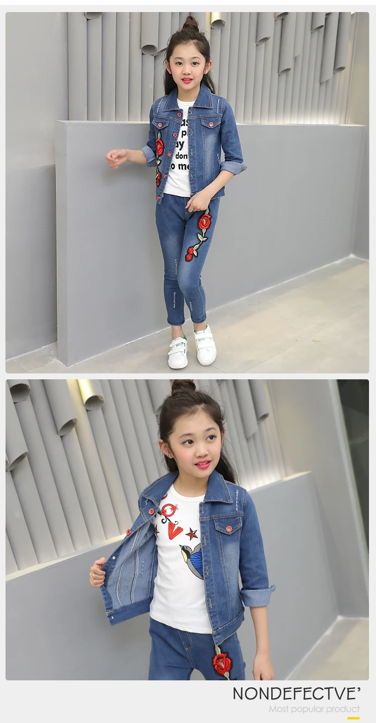 2 Pieces Long Sleeve Denim Sets Blue Washed Embroidered Flower Girls Kids Clothes Clothing Denim Jacket Set For 5-14 Years