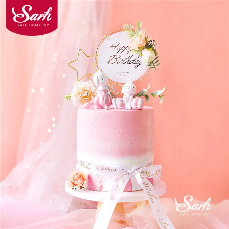 

Pink Iron Artificial Flower Happy Brithday Cake Topper Star Bunny Rabbit Decoration for Wedding Baking Supplies Bride Love Gift