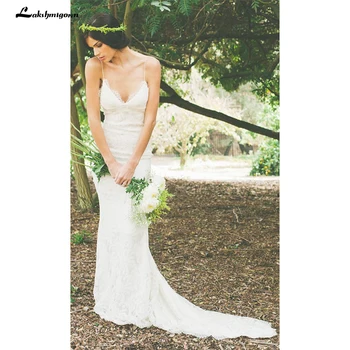 

Sexy Backless Summer Holiday Boho Wedding Dresses 2020 Lace Spaghetti Sheath Garden Beach Bohemian Sheer Bridal Wedding Gowns