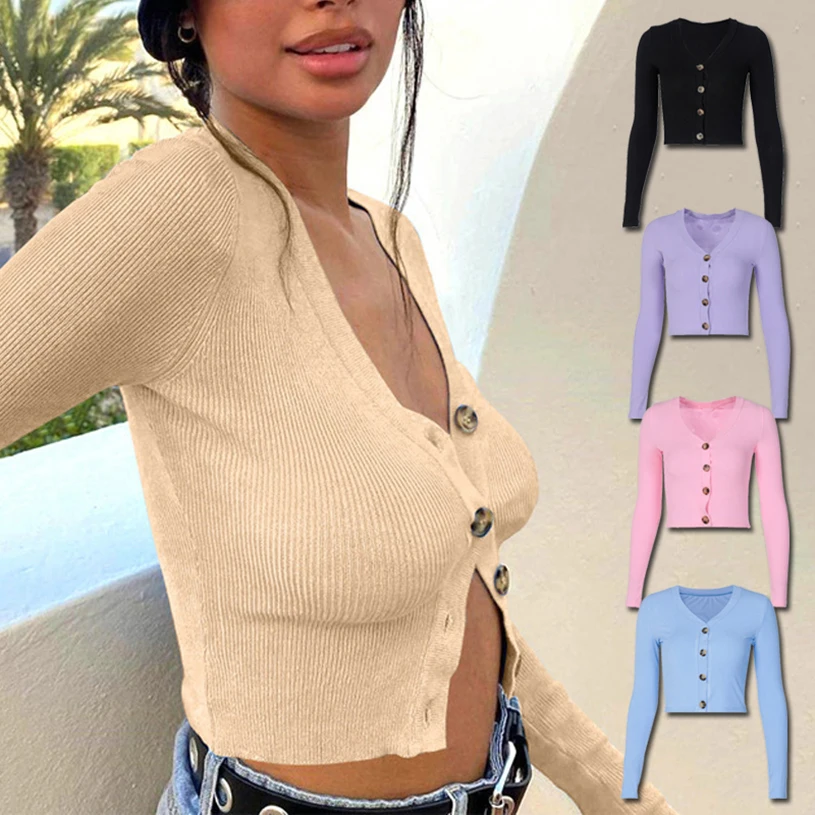 

Sexy V Neck Button Long Sleeve Sweaters Spring Autumn Women Thin Single Breasted Sweater Lady Cropped Tops Jumper 2020 New Tops