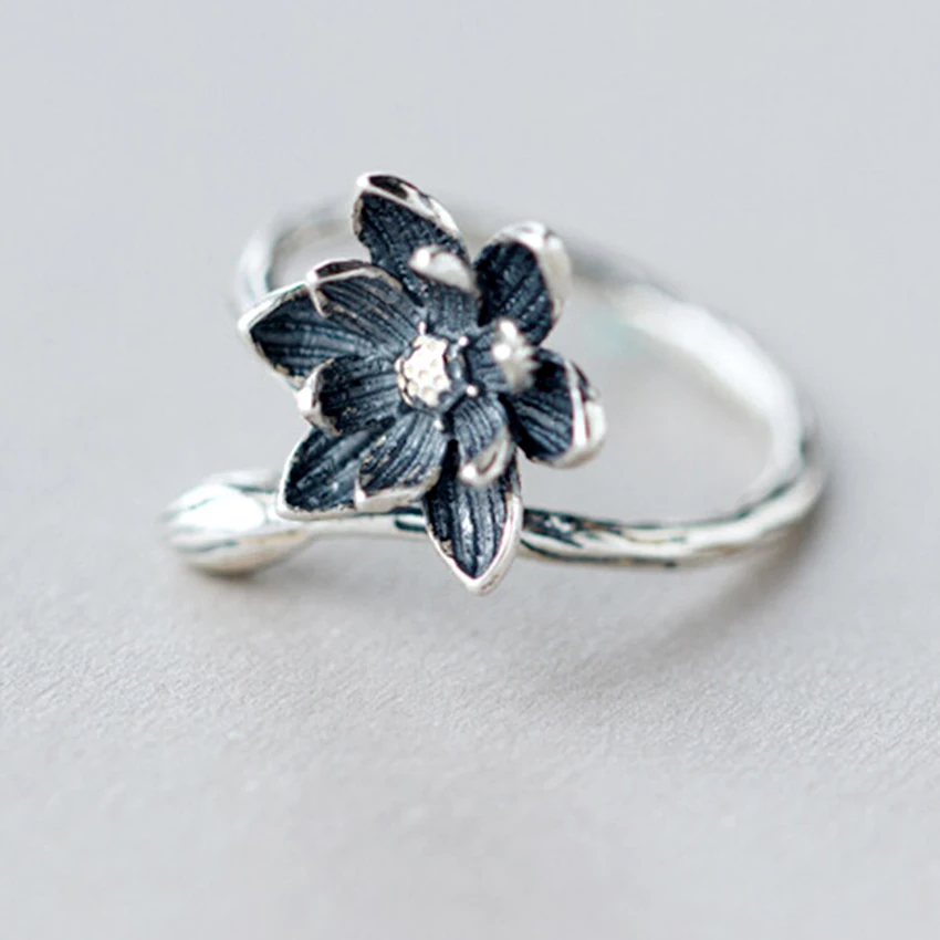 Уникальный черный цветок лотоса винтажные кольца женское безразмерное кольцо на палец праздничный подарок на Рождество для женщин девушка аксессуары ювелирные изделия