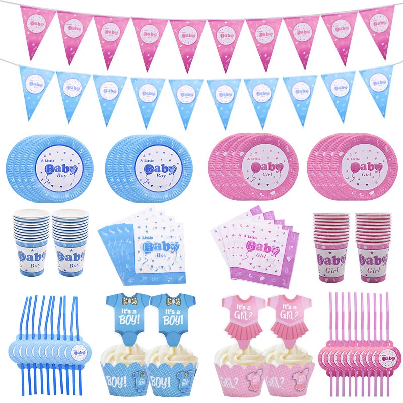 Best Baby Girl boy Birthday Party Decor Supplies Gender Reveal Disposable Tableware Sets Blue pink Paper Plates Cups Cake Ornaments