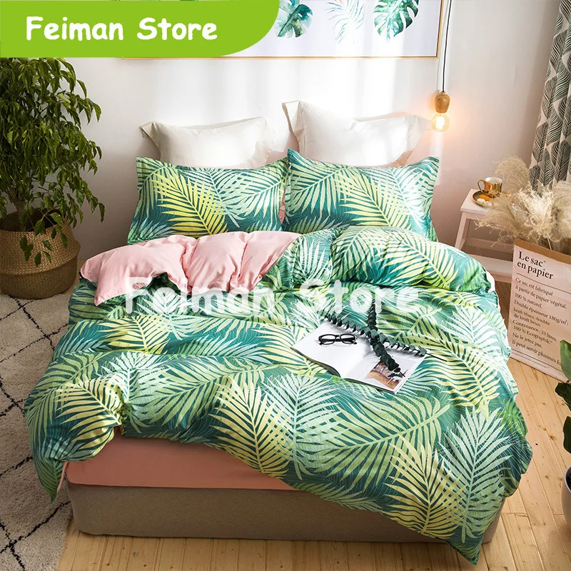 

Green leaf bedding set AB side winter bed linens 3 or 4pcs/set duvet cover set European style bed set bird fresh bedclothes twin