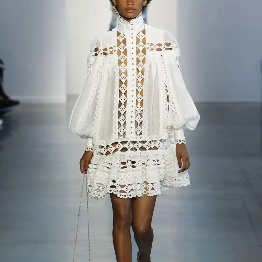 

2019 New Arrival Spring Women White Dress Vestidos Long Sleeve Patch Work Hollow Out Mini-dress Women Runway Dress Lace Dress