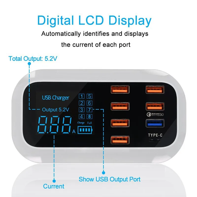 Fanshu Multi USB 8 Port Fast Desktop Charger Charging Station Quick Charge 3.0 Type C Port Smart LED Display for iphone Xiaomi