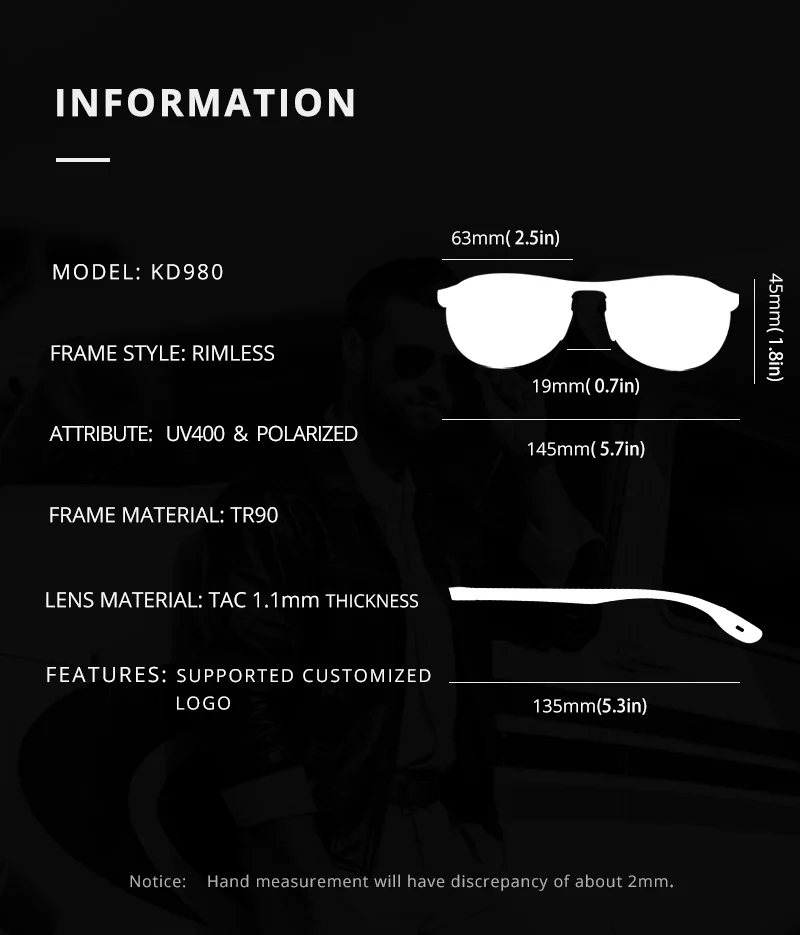 Rimless Oval Men's Polarized Sunglasses with TR90 Frame & Soft Rubber Tips