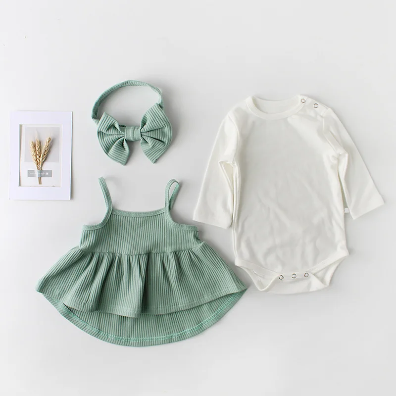 Koodykids/весенние боди для маленьких девочек; хлопковый комплект одежды с длинными рукавами; модные комбинезоны для маленьких девочек с платьем; повязка на голову; От 0 до 2 лет
