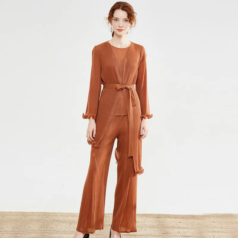 

Plus Size Pant Suits 2019 Autumn Women Elastic Miyake Pleated Round Neck Vest + Long Sleeves Irregular Cardigan + Split Pant Set