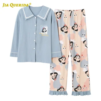 

Pajamas Set New Soft Cotton Long Sleeve Long Pants Sleepwear Fashion Style Pajamas Set Turn Down Collar Blue Cartoon Printing