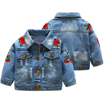 

Denim Coat Jacket For Girls Outwear Clothes For Toddler Baby Girl Fashion Long Sleeve Embroidery Rose Flowers Windproof Overcoat