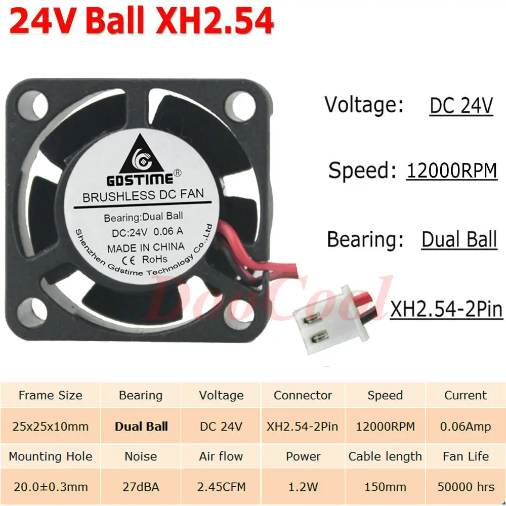 5 шт. Gdstime с фокусным расстоянием 25 мм 25x25x10 мм 2Pin JST Dupont 5 В, 12 В, 24 В постоянного тока, 2510 рукав Шаровая Опора радиатора мини Бесщеточный Охлаждающий вентилятор Cooler - Цвет лезвия: 24V Ball XH2.54