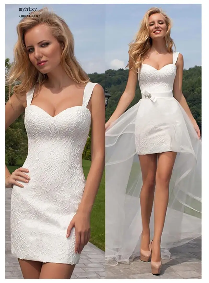 2020 Princess Cheap Lace Wedding Dress Sweetheart Detachable Train Gown Sleeveless Boho Short Skirt Beach Bride Simple Plus Size 2