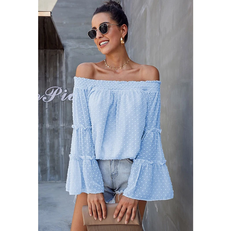 

Women Off The Shoulder Shirt Strapless Elegant Shirts Long Flared Sleeve Tees Top Streetwear Fashionable All-Match Sweet Tops