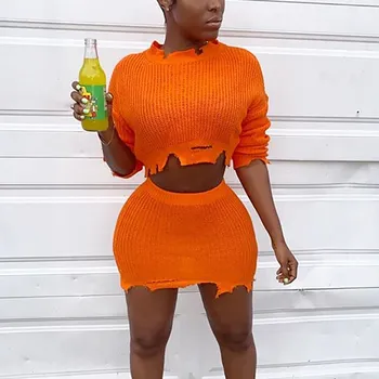 

Knitted 2 Piece Set Casual Women Long Sleeve O Neck Sweater Elastic Waist Skirt Female Sweater Suit