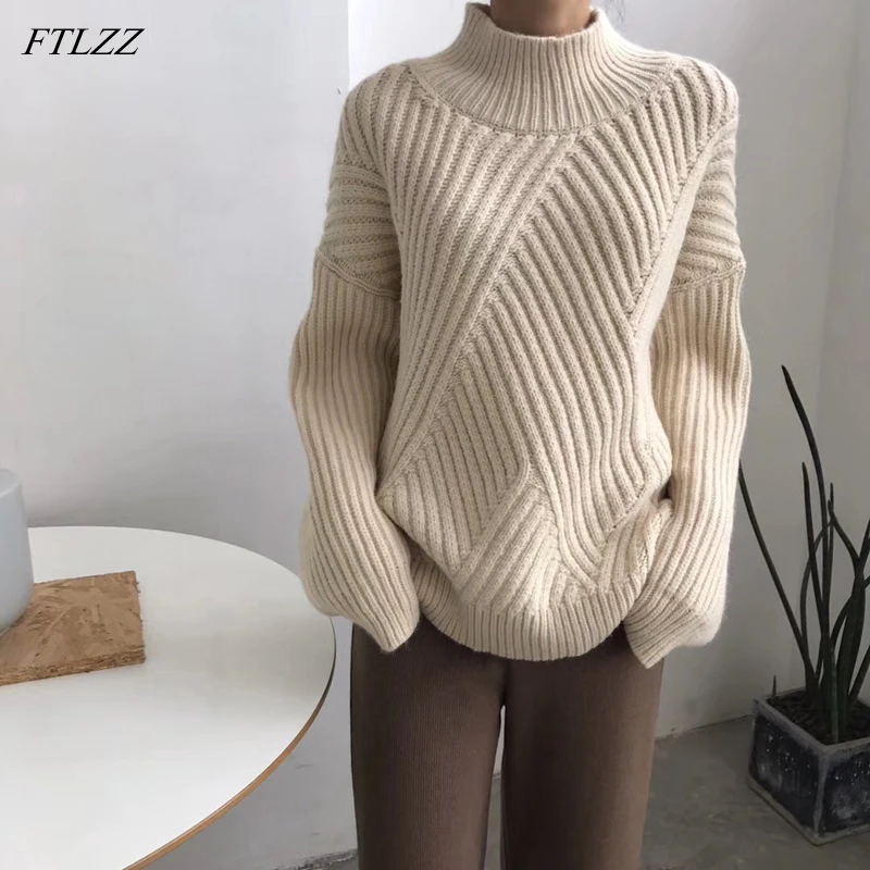 

FTLZZ New Autumn Women Turtleneck Pullovers Knitted Sweater Casual Female Long Sleeve Warm Korean Style Knitwear Tops